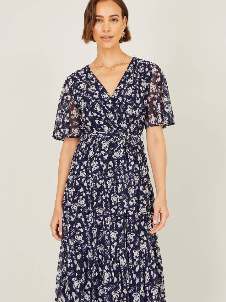 Yumi Navy Floral Mesh Wrap Dress for wholesale by Yumi