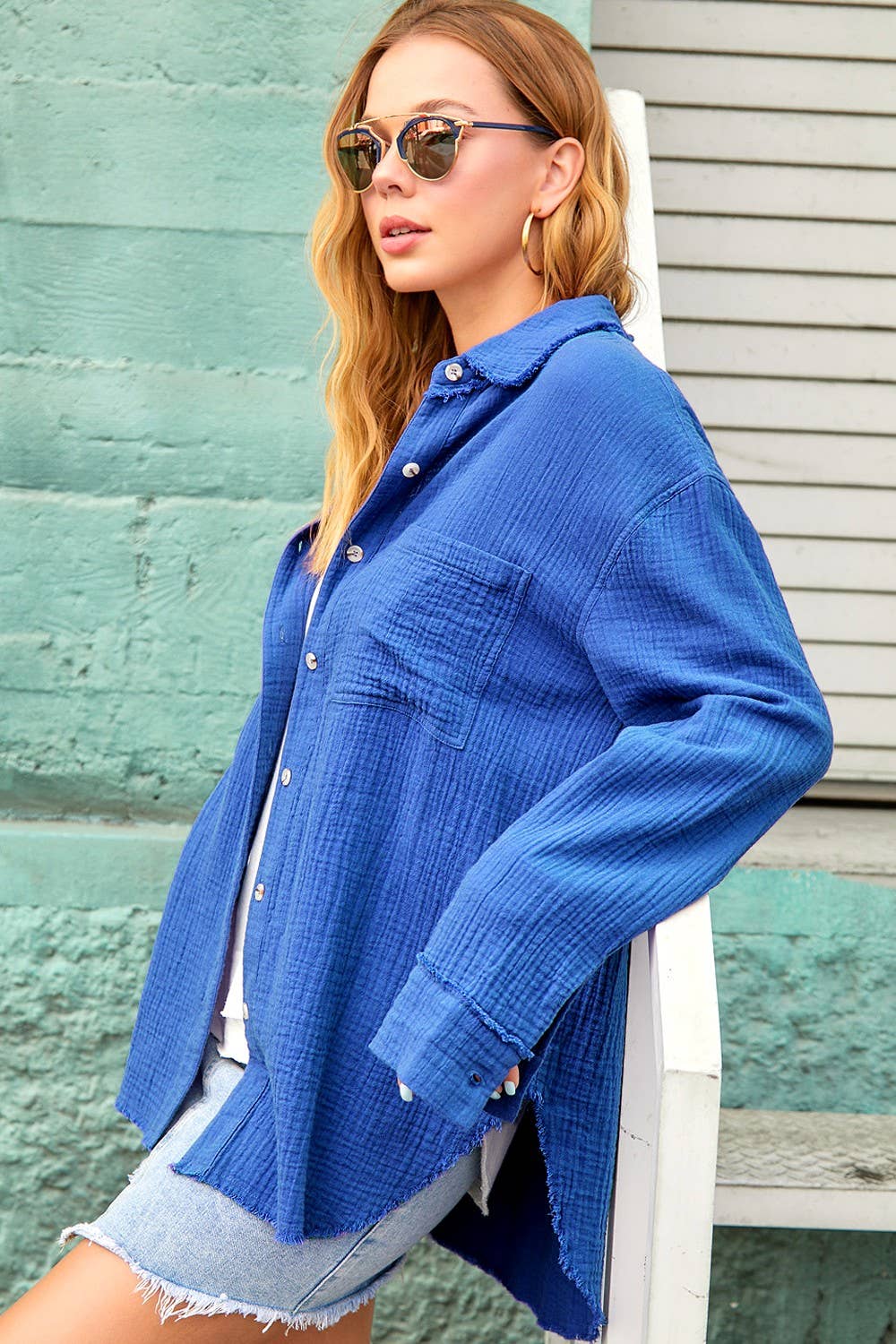 La Miel - Wholesale Button Down Shirt - Women's - SRT7448-Soft Washed Crinkled Gauze Button Down Shirts25