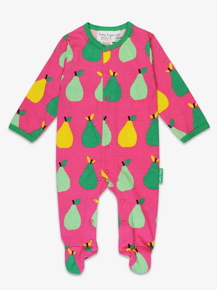 Pyjama bébé en coton bio une pièce avec pieds et imprimé poires pour la vente par Toby Tiger GmbH