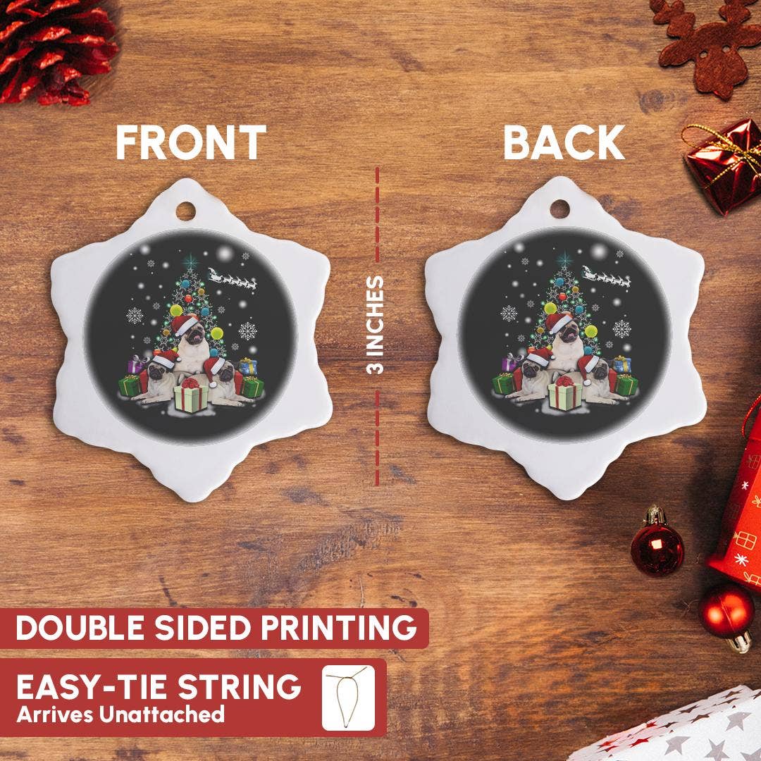 3dRose - Wholesale Ornament - 3dRose, Xmas Pug Dog in Christmas Style with Gifts and Snowflakes, Ornament2