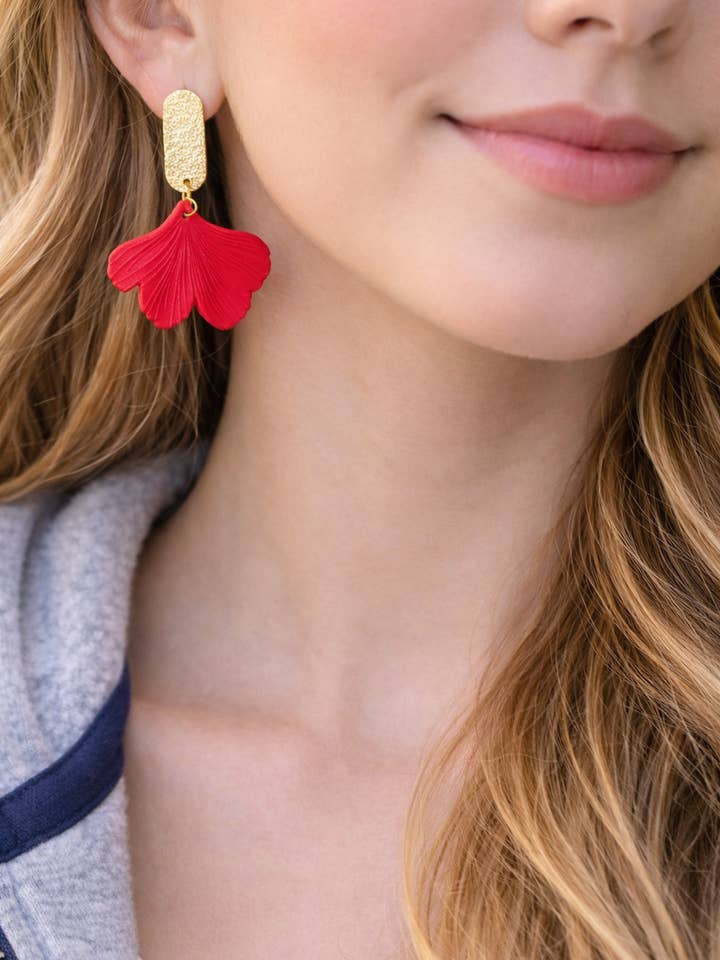 Red Gold Ginkgo Leaf Statement Earrings Valentines Day for wholesale by Baubles by B