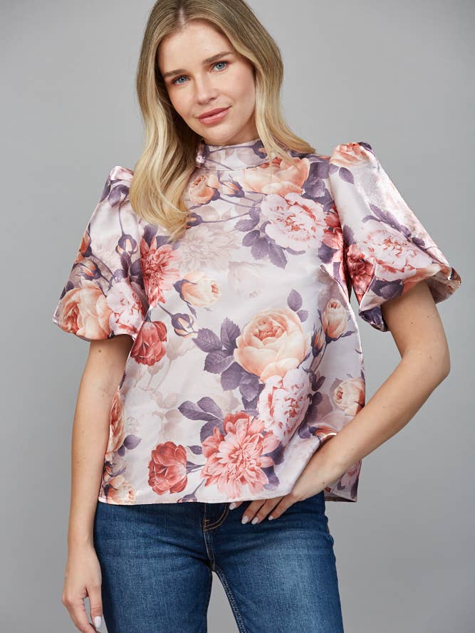 MOCK NECK BLOUSE WITH PUFF SHORT VELVET BOW FT21224 for wholesale by FATE