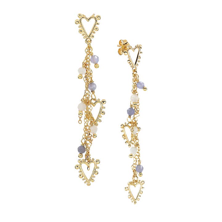 Dangling heart earrings with Tanzanites and Chalcedonies | Poetry for wholesale by ISHWARA JEWELS