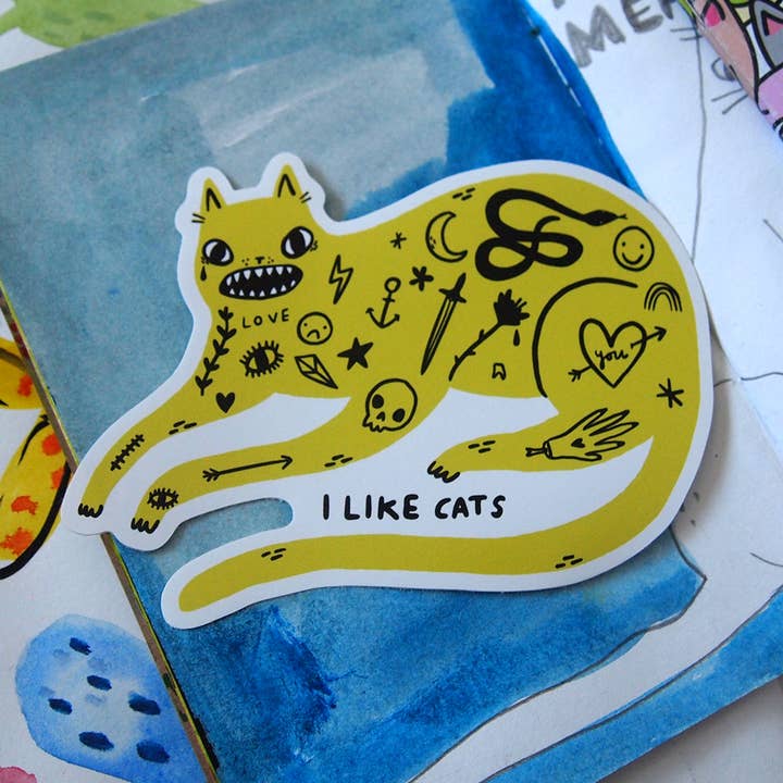 Tattoo Katze gelber illustrierter Vinylaufkleber für den Großhandel von I LIKE CATS