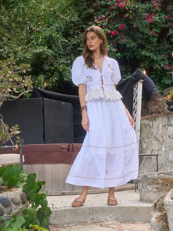 FLORAL EMBROIDERY DETAIL RUFFLE WAIST MIDI SKIRT for wholesale by Moon River