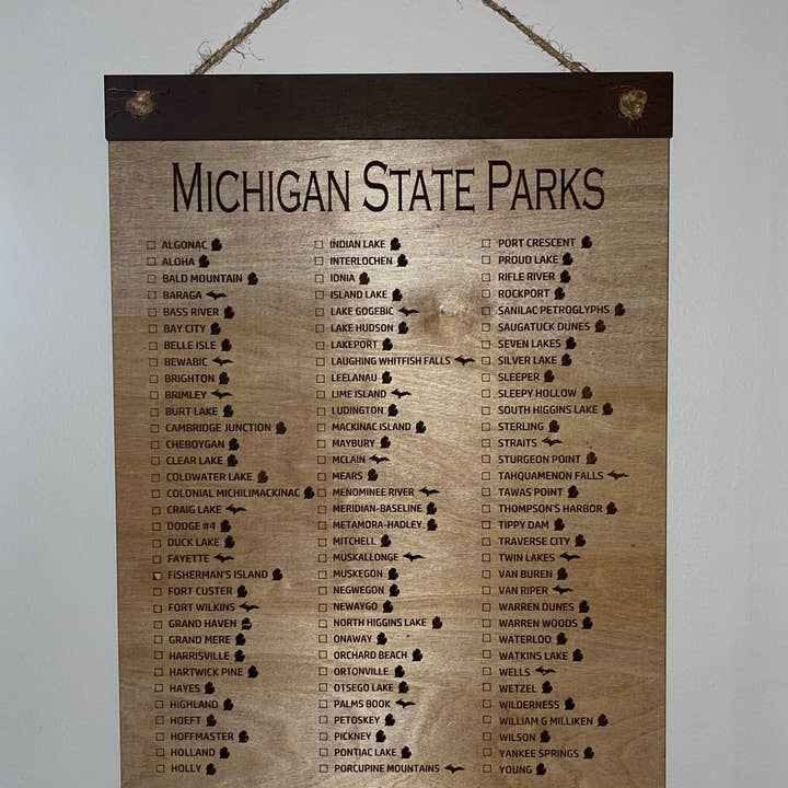 Michigan Proud Gifts - Wholesale Sign - State of Michigan State Park Wood Checklist Hanging