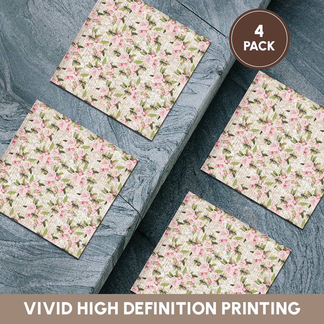 3dRose – Großhandel Untersetzer – 3dRose, Hübsches rosa Blumenmuster mit Bienen-Collage, Untersetzer5