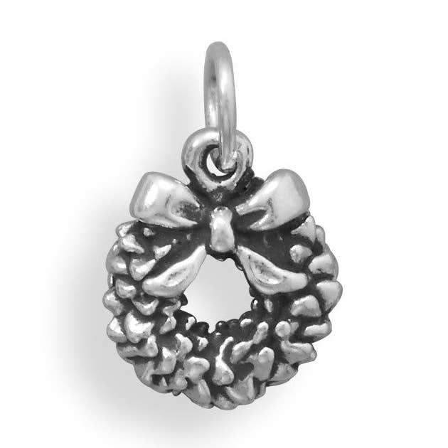Oxidized Holiday Christmas Wreath Charm for wholesale by Silver Stars Collection