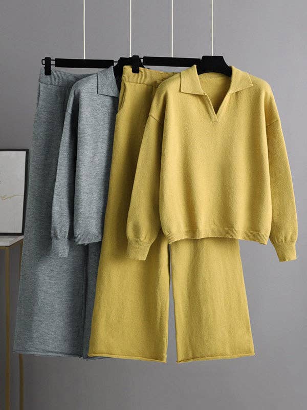 Plush Looks - Vendita all'ingrosso Completo top e pantaloni (NON loungewear) - Donna - Set di due pezzi in maglione polo a maniche lunghe Urban in tinta unita e pantaloni a gamba larga2