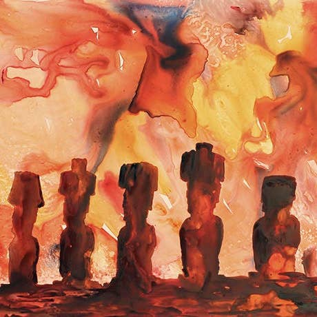 Têtes de Moai de l'île de Pâques se profilant au coucher du soleil- Chili, aquarelle représentant des statues Moai sur l'île de Pâques, Chili, peinture Moaï (impression) pour la vente par Ryan Fox Fine Art