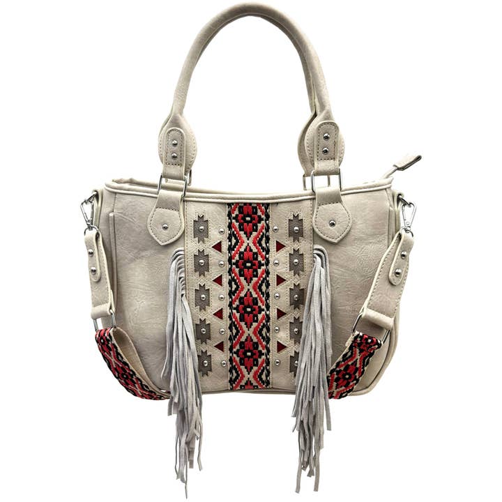 Lunar Deer – Engroshandel Skuldertaske – til kvinder – Aztekisk stammeprint frynse vestlig håndtaske pung11