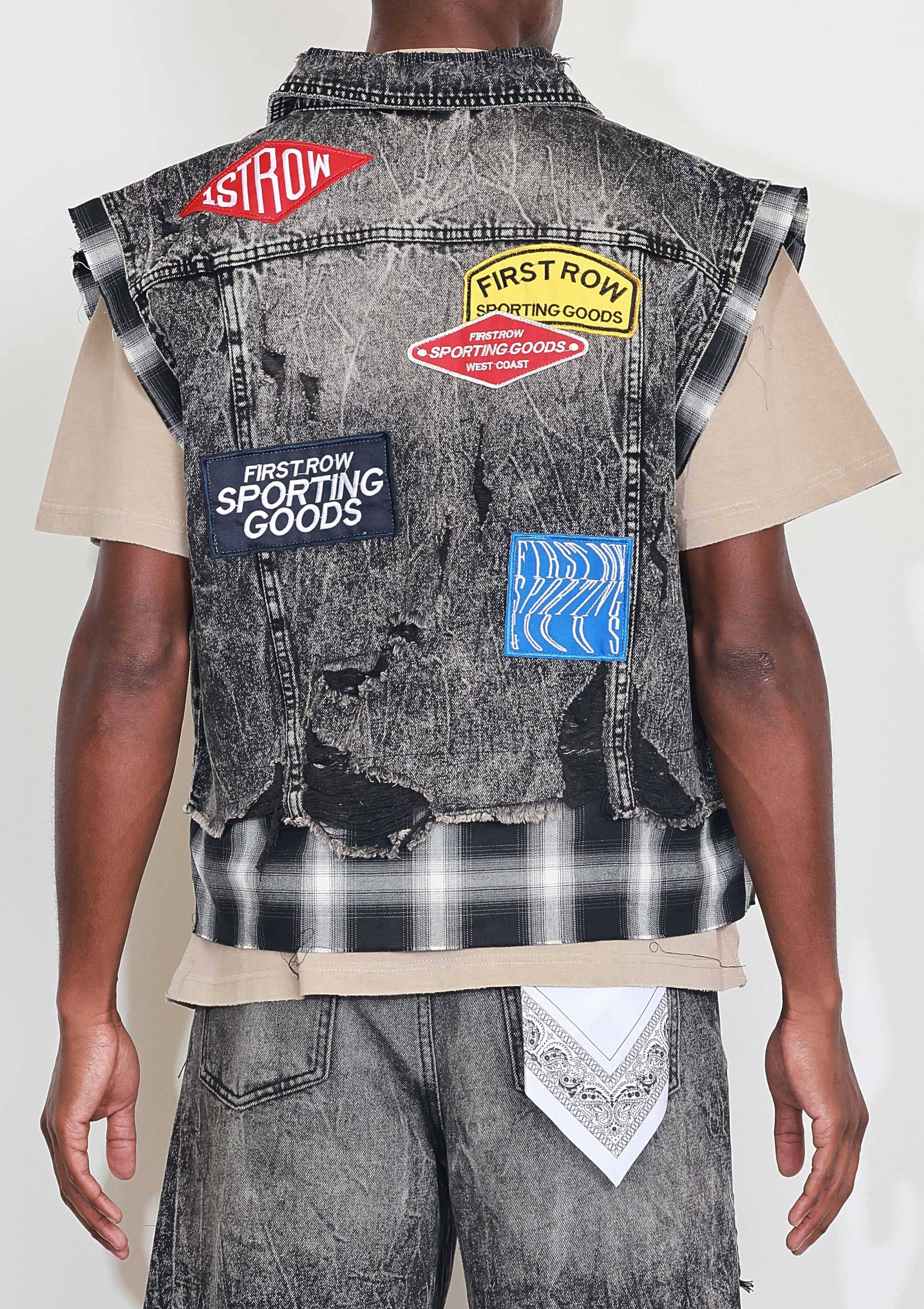 Black Stone PATCHES CUT OFF PLAID DENIM VEST for wholesale on Faire3