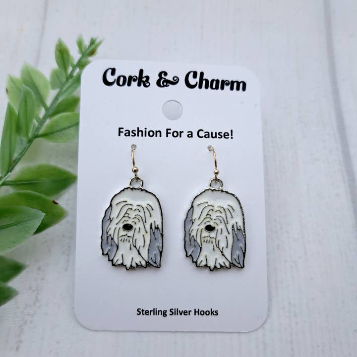 Old English Sheepdog Dog Breed Head Face Sterling Silver Earrings for wholesale by Cork and Charm