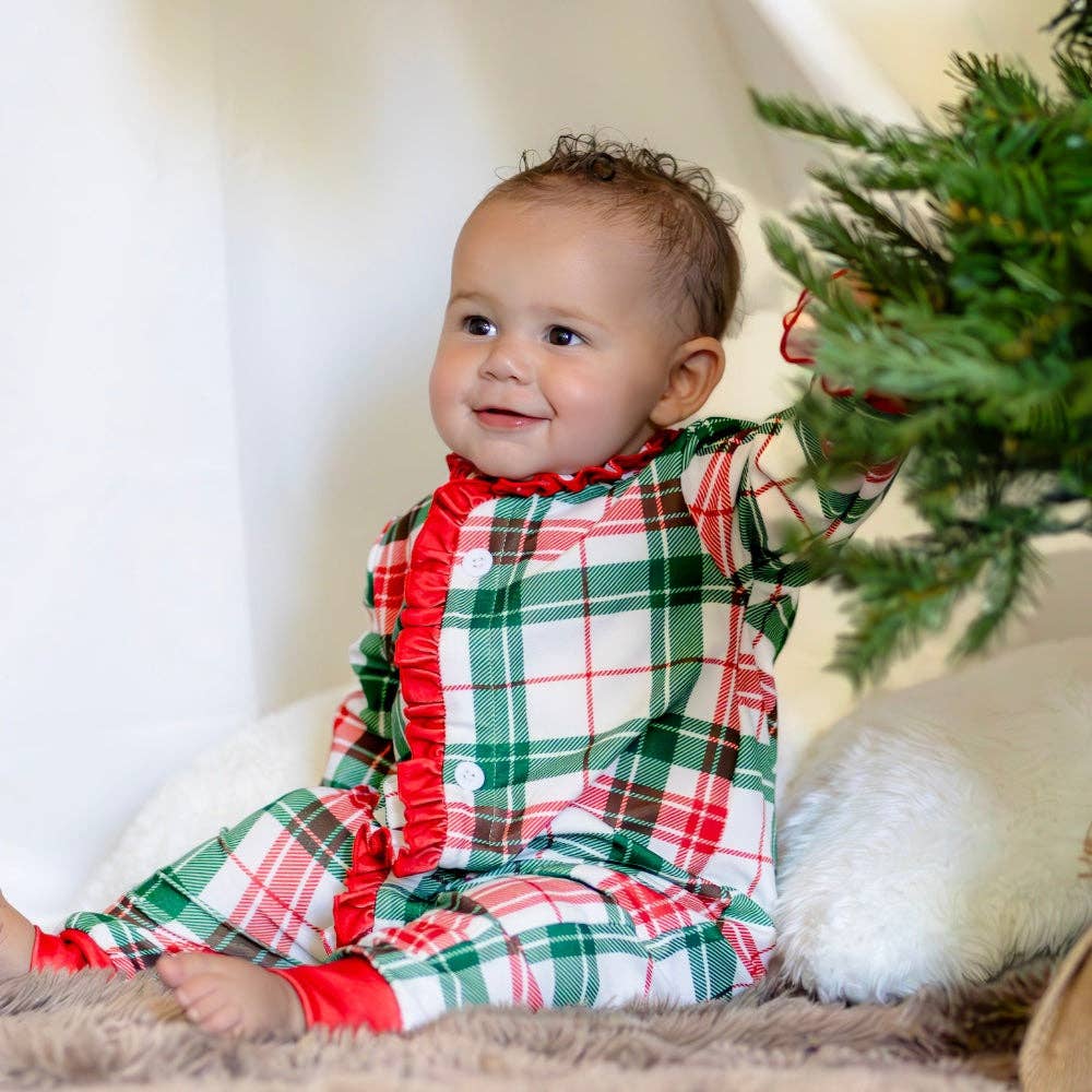 Sugar Bee Clothing - Wholesale Sleepsuit - Baby - Christmas 2025 Pajamas - Ruffle Buttflap - Christmas Plaid0