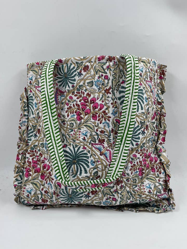 100% Cotton Kantha Quilted Boho reversal tote bag with frill for wholesale by Funky Yak Ltd