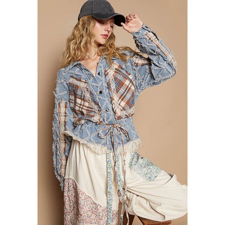 Pol Clothing - Wholesale Jacket - Women's - Balloon sleeve plaid contrast ruffle detail jacket