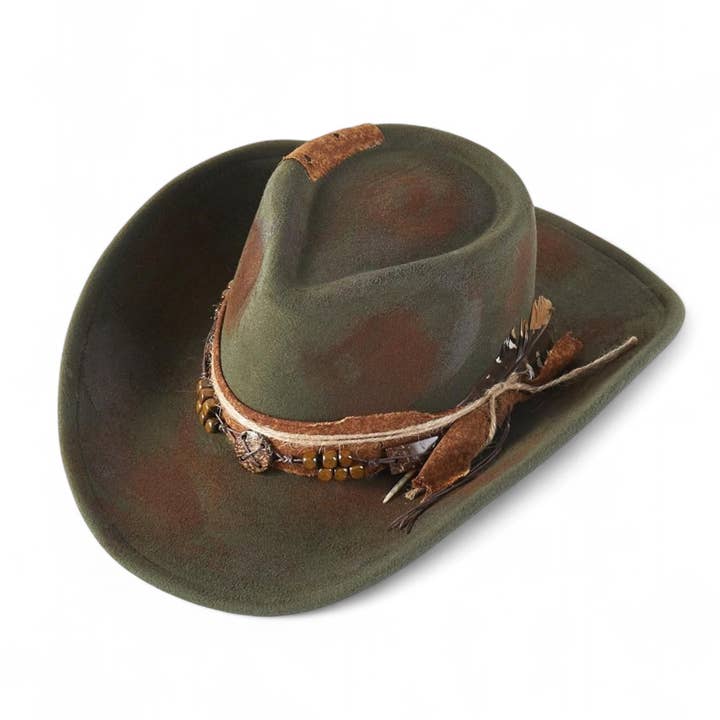 Artini Accessories - Wholesale Cowboy Hat - Women's - Distress Olive Vintage Shapable Fedora Cowboy Hat0