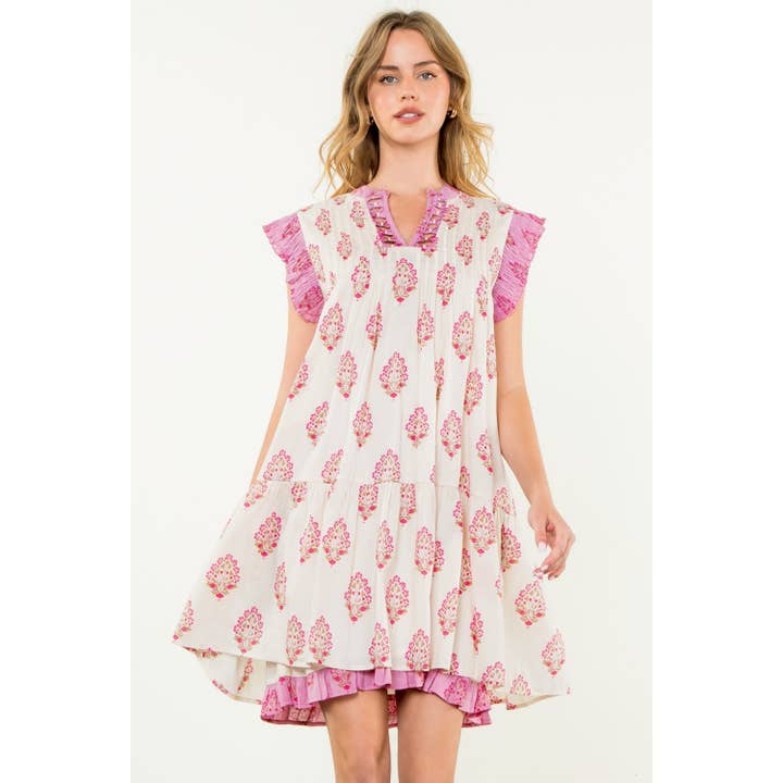 CREAM Sleeveless Pintuck Floral Print Dress for wholesale on Faire