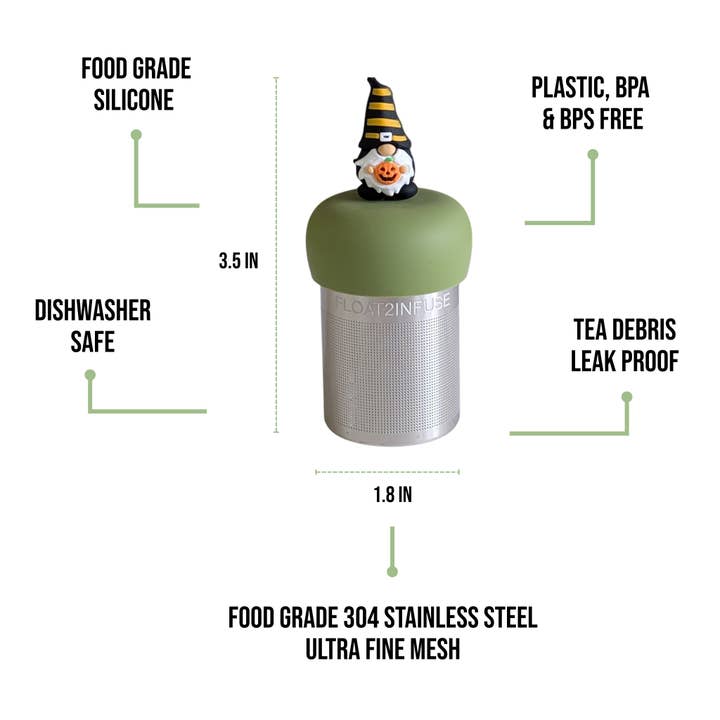 Float2infuse Tea Infuser - Wholesale Tea strainer/infuser - Jack-O-Lantern Gnome | Floating Tea Steeper | Green Base6