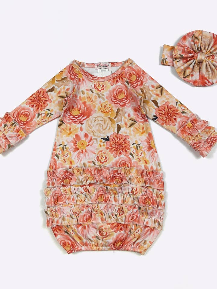 Coral Floral Baby Gown for wholesale by Clover Cottage