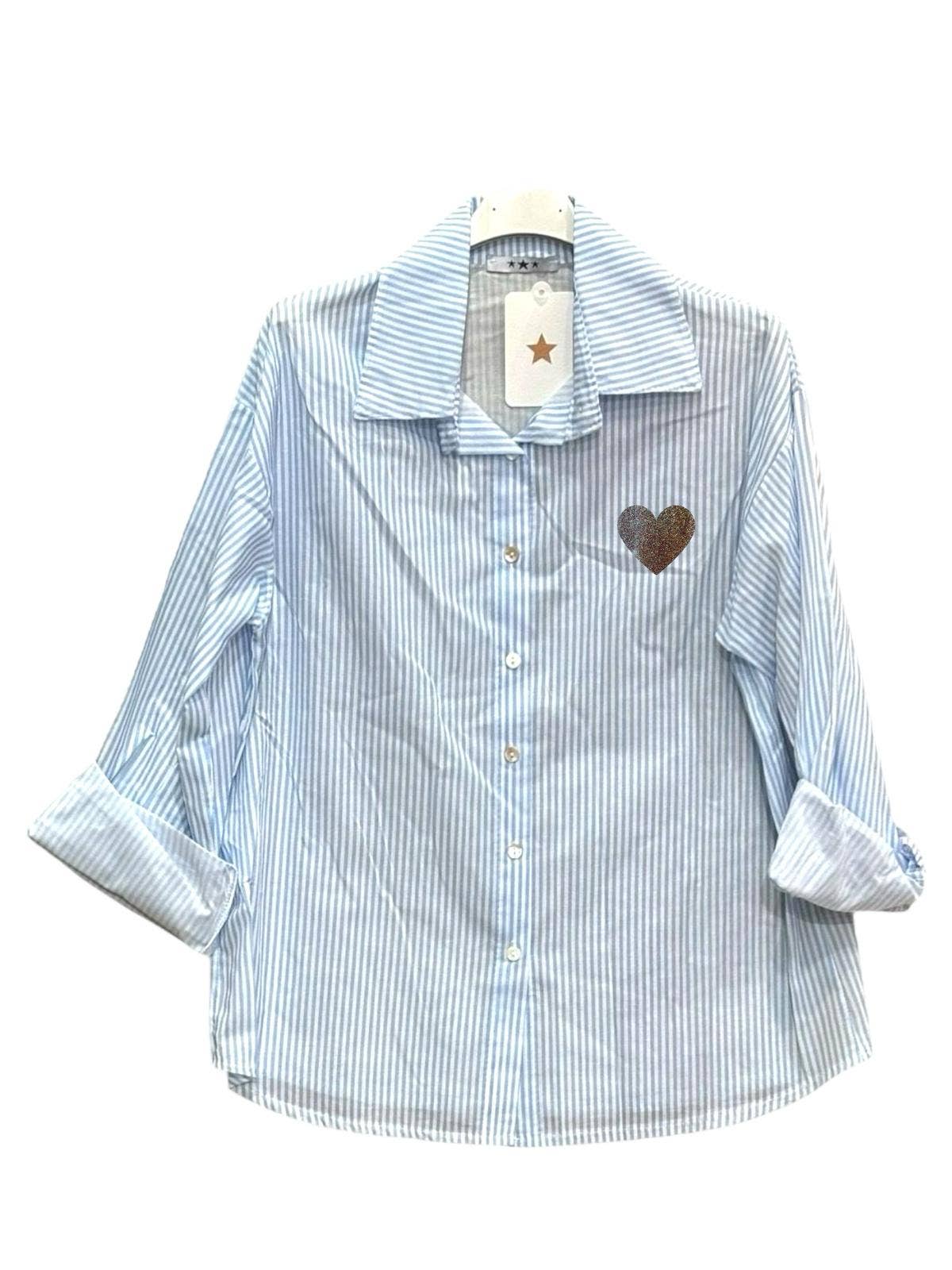 Moonsun - Vendita all'ingrosso Camicia button down - Donna - Camicia a righe in cotone con stampa a cuore6