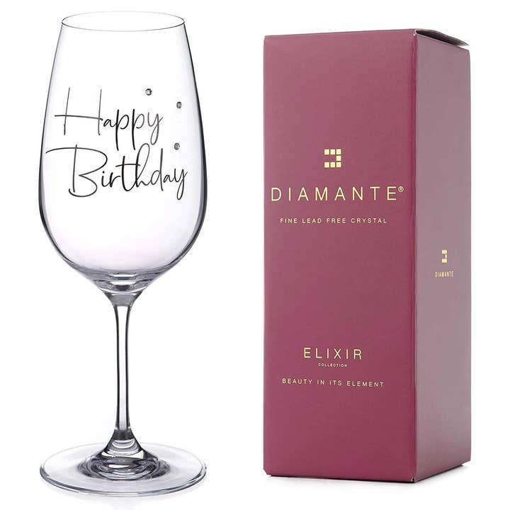 DIAMANTE – wholesale Wine glass – Diamante Swarovski"happy Birthday" Wine Glass – Single Crys