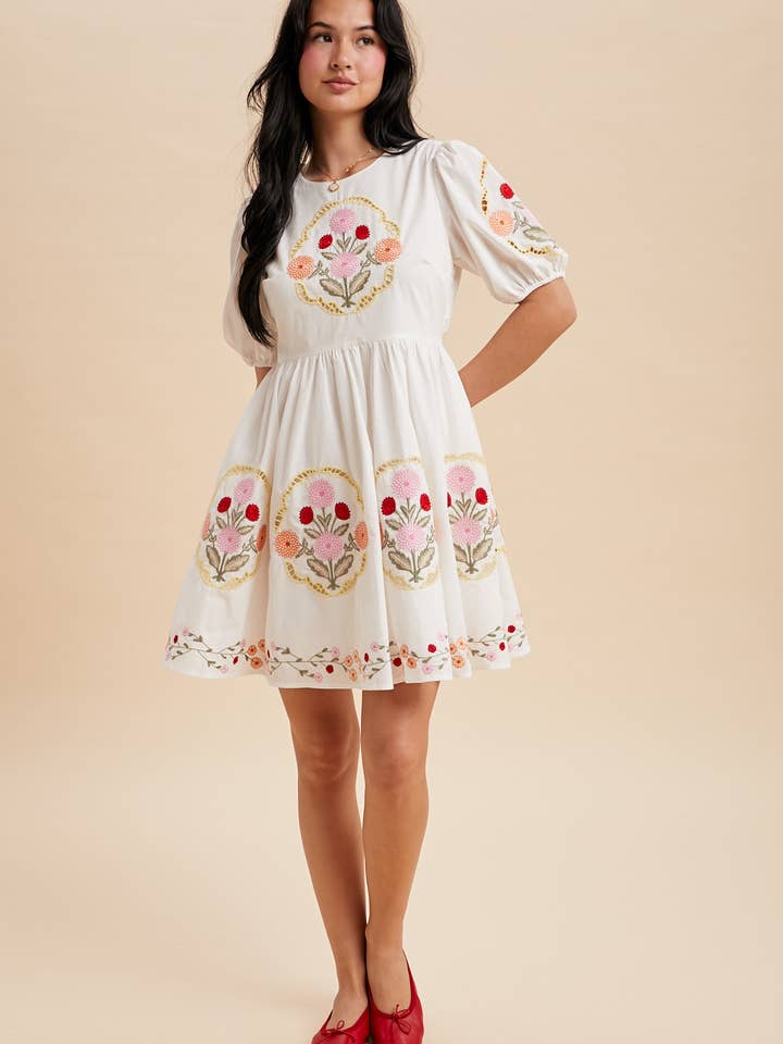 PUFF SLEEVE EMBROIDERED MINI DRESS for wholesale by In Loom