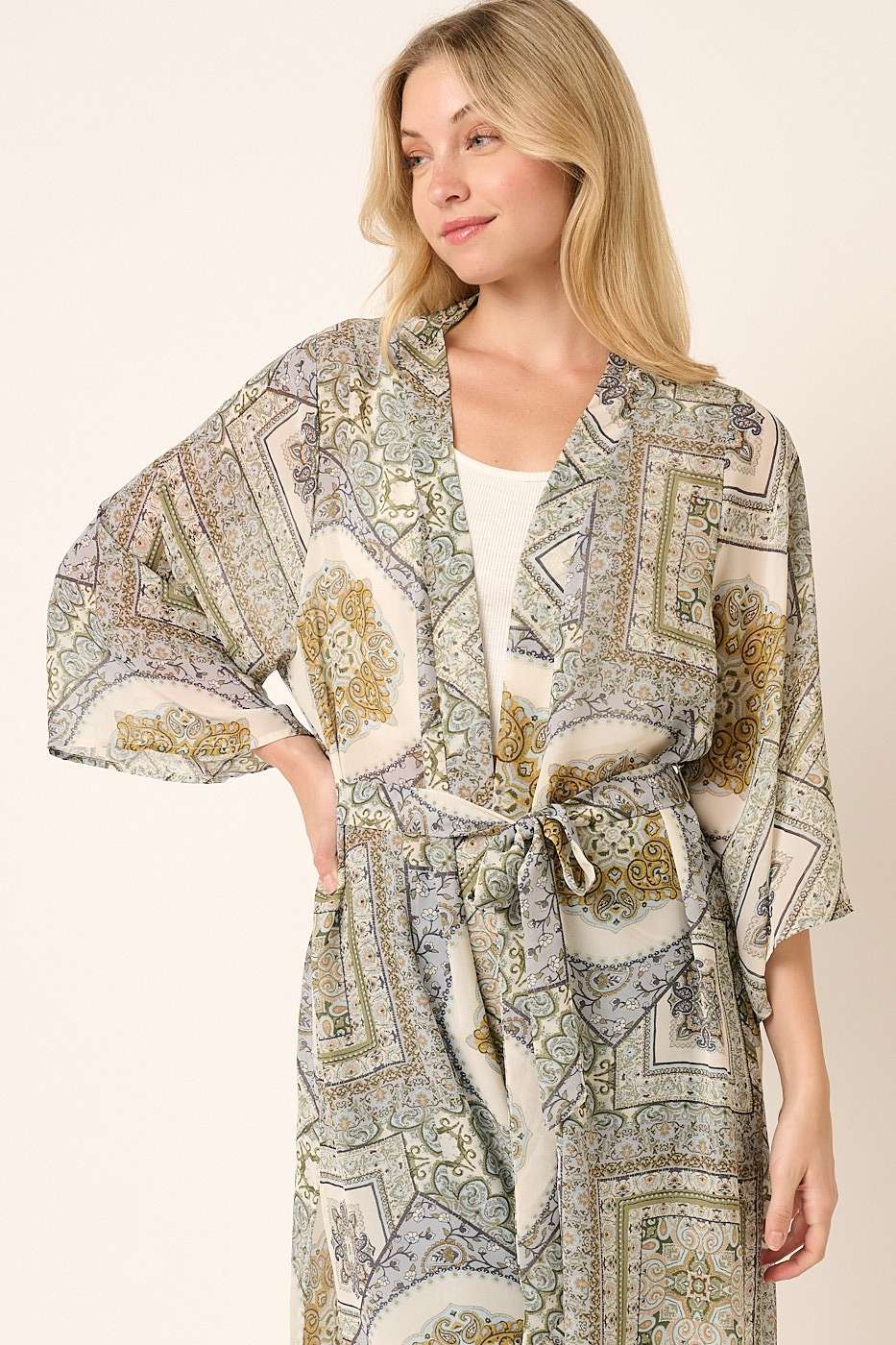 mittoshop - Vente Kimono – femme - PLUMEAU MIDI EN MOUSSELINE CEINTURÉ À IMPRIMÉ CACHEMIRE7