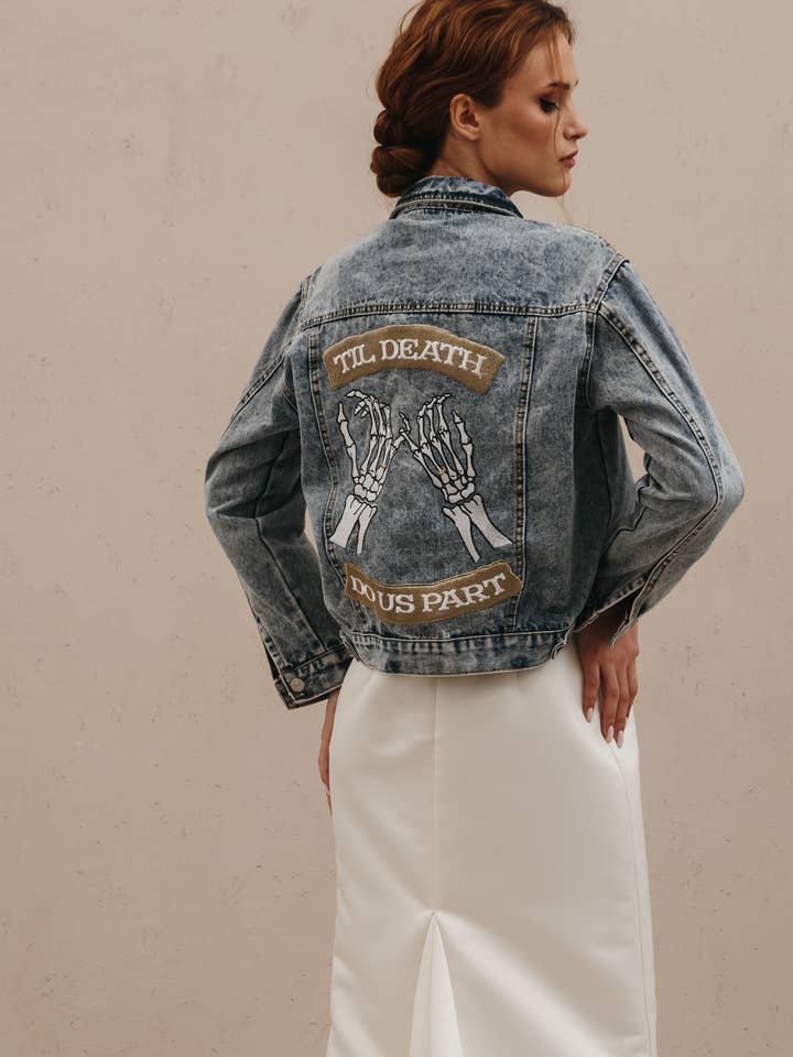 Till Death Pinky Promise Denim Jacket for wholesale by Heirloom Bridal Company