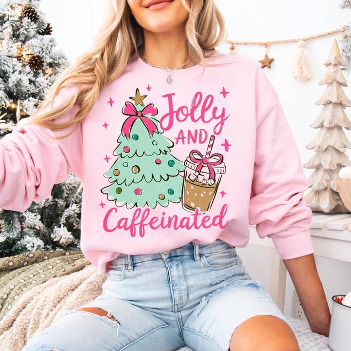 NVC Ecommerce LLC - Wholesale T-Shirt (Graphic) - Women's - To Be Jolly & Caffeinated Sweatshirt, Christmas Coffee Shirt1