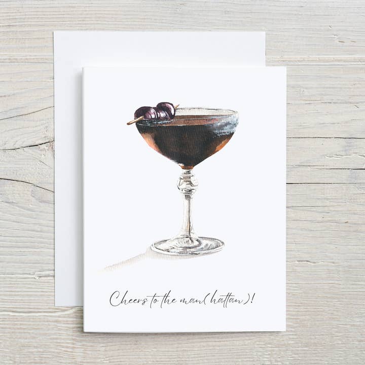 Roligt cocktailkort handmålat, Black Manhattan, Skål för wholesale av Liz Pope Designs