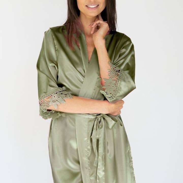 Dusty Sage Lila Lace Bride Robe, Bridal Satin Lace Robe Gift for wholesale by GiftsbyPR