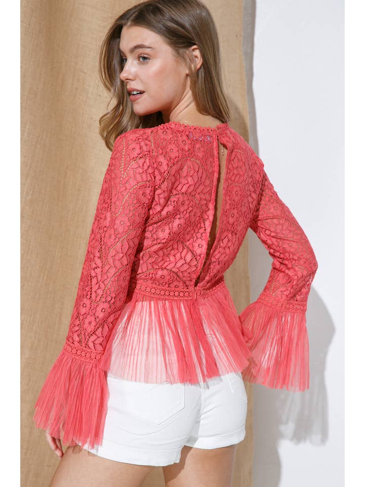 SUGAR CORAL 31767T - Lace Chiffon Contrast Accordion Pleated Blouse for wholesale on Faire1