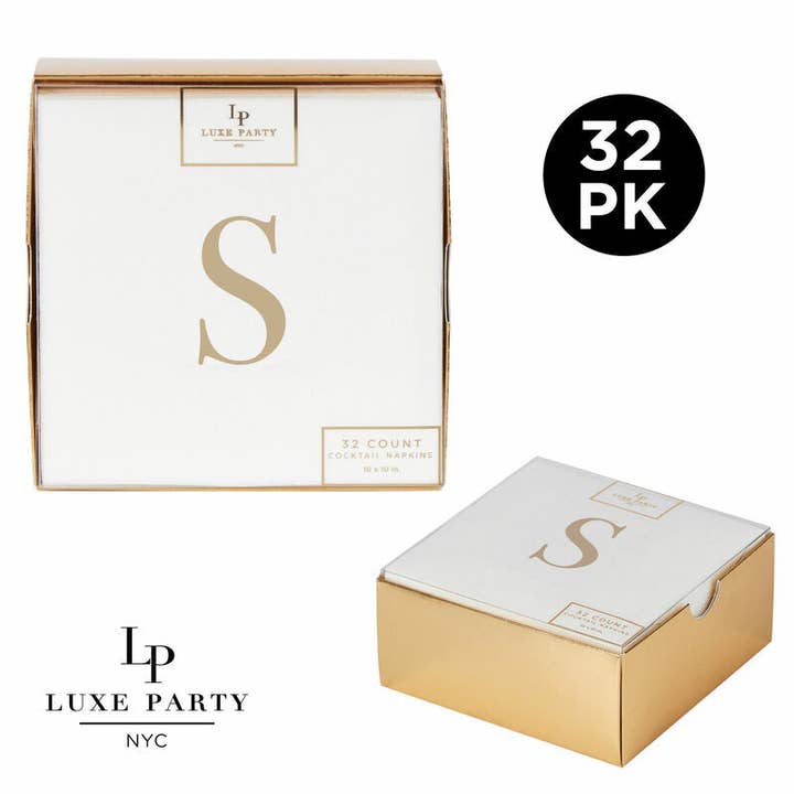 Luxe Party - Wholesale Disposable Napkin - Letter S Gold Foil Monogram Paper Cocktail Napkins with Gift Box | 32 Napkins