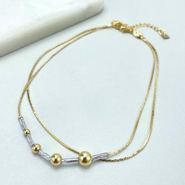 18k Gold Filled Double Layer 1mm Snake Chain Anklet with Extender, and Gold Balls and Clear Tubular Beads for wholesale by Luxus Accessories