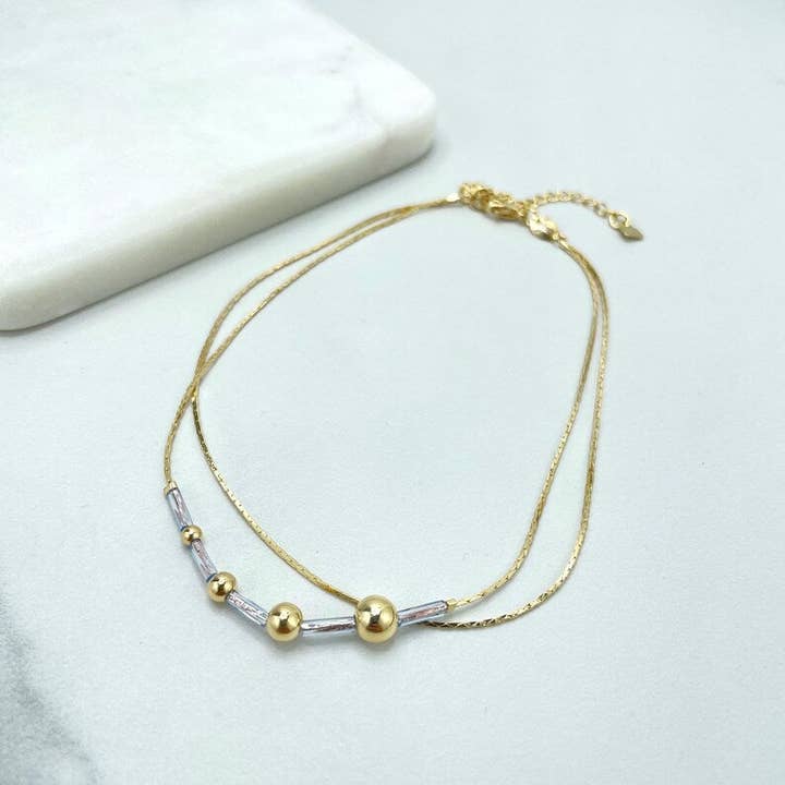 18k Gold Filled Double Layer 1mm Snake Chain Anklet with Extender, and Gold Balls and Clear Tubular Beads for wholesale by Luxus Accessories