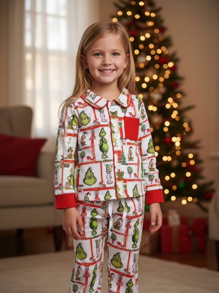 Ensemble de pyjama imprimé personnage de Noël Grinc* & Cindy. GLP071806-SOL pour la vente par Kids Charm Online