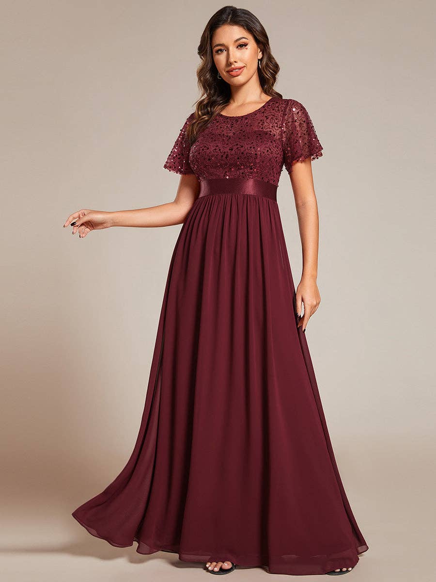 Ever-Pretty - Wholesale Gown - Women's - Round-Neck Sequin Chiffon High Waist Formal Evening Dress