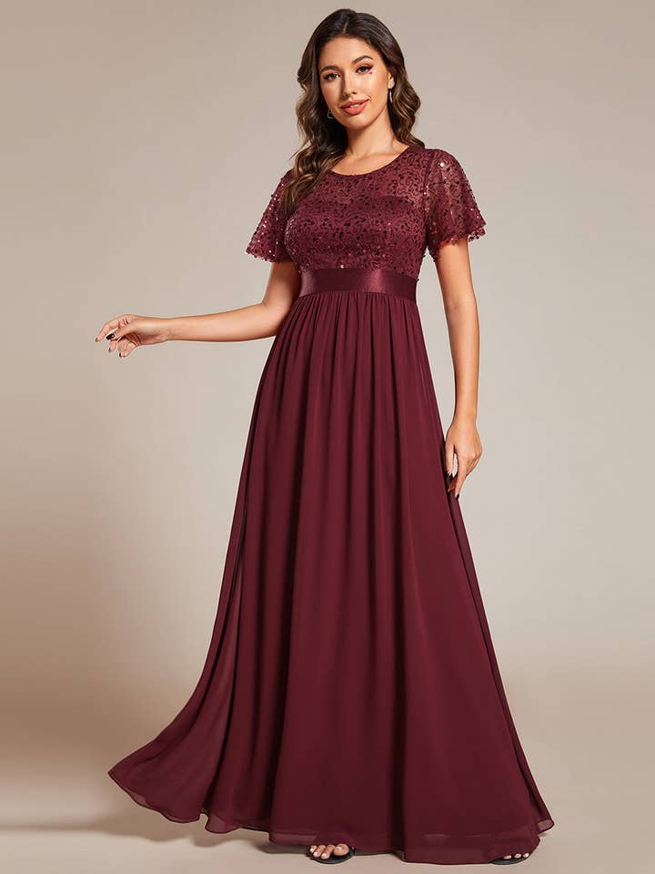 Ever-Pretty - Wholesale Gown - Women's - Round-Neck Sequin Chiffon High Waist Formal Evening Dress0