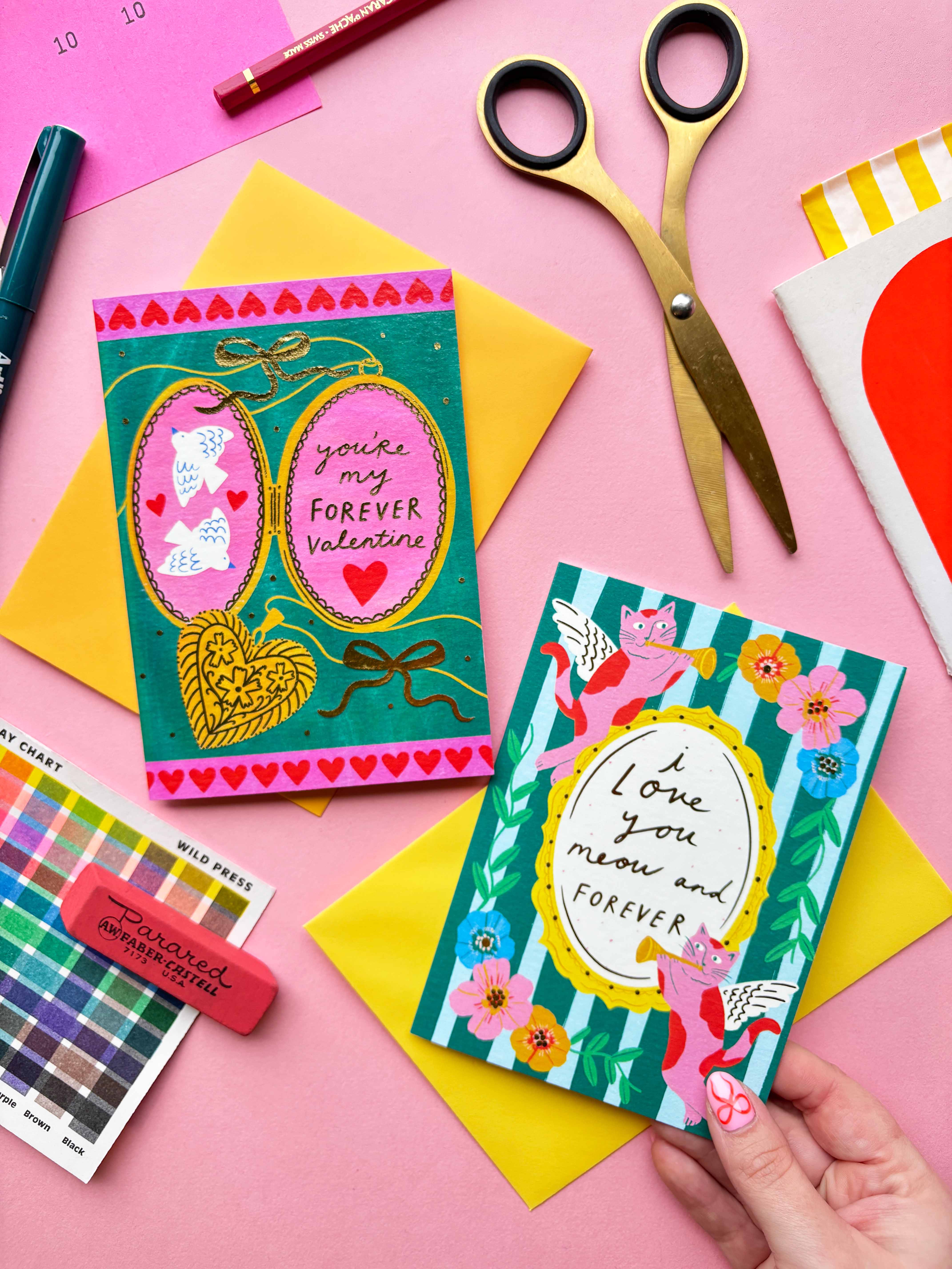 Kerrie Illustrates - Wholesale Valentine's Day Card - I love you meow and forever Valentines greetings card | Cat Kitten Feline Couple Pun Punny Funny Boyfriend Girlfriend Animal Valentine's2