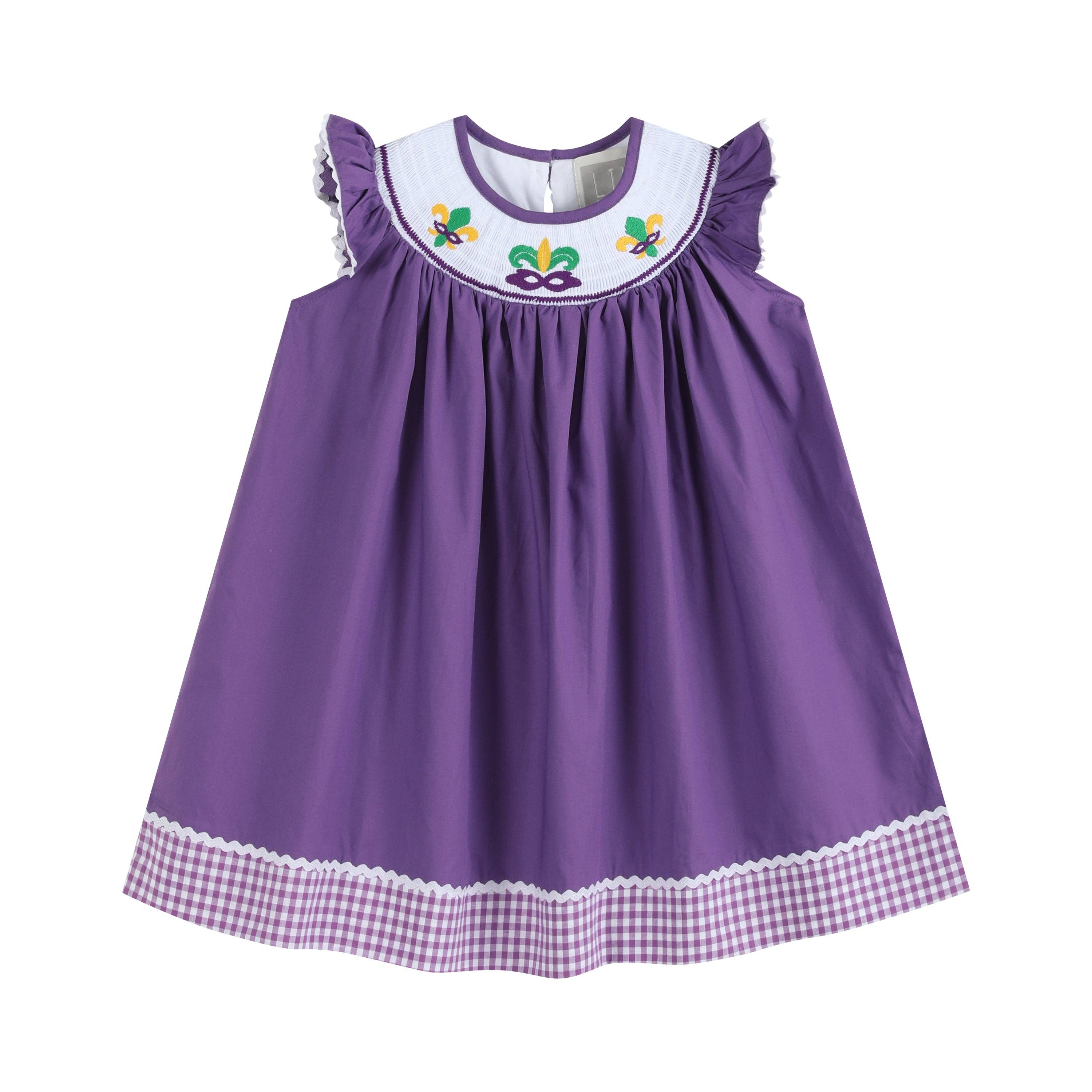 Lil Cactus - Wholesale Dress - Kids - Purple and Gingham Mardi Gras Smocked Bishop Dress