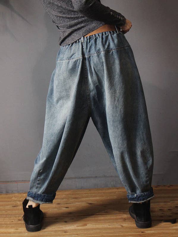 BLÅ Vintage Denim Lös elastisk midja Bloomers Byxor för wholesale på Faire