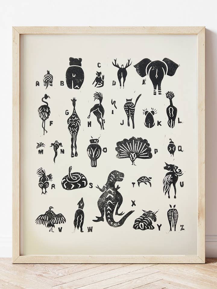 'Animal Butt Alphabet' Linocut Print for wholesale by Studio Orch