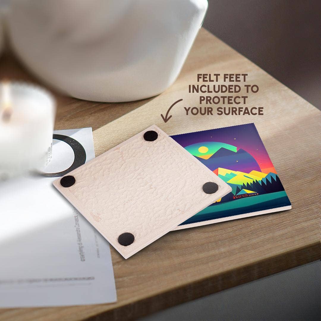 3dRose - Vente Sous-verre - 3dRose, Paysage fantastique décoratif de tentes, montagnes. Cadeau pour campeur heureux, Dessous de verre3