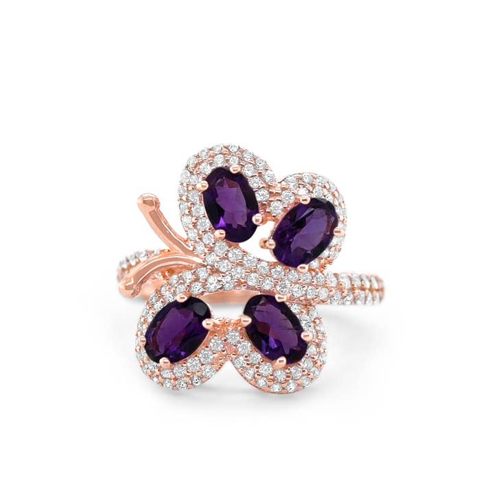 925 Sterling Silver Butterfly Amethyst Ring: 2.44ct, Oval Cut, 18K Rose Gold Plated (PJC3015R) for wholesale by Blue Star Gems NY