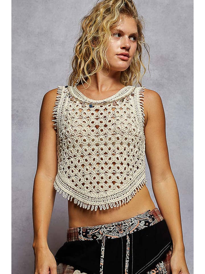 NATURAL Round neck sleeveless cropped crochet top for wholesale on Faire5