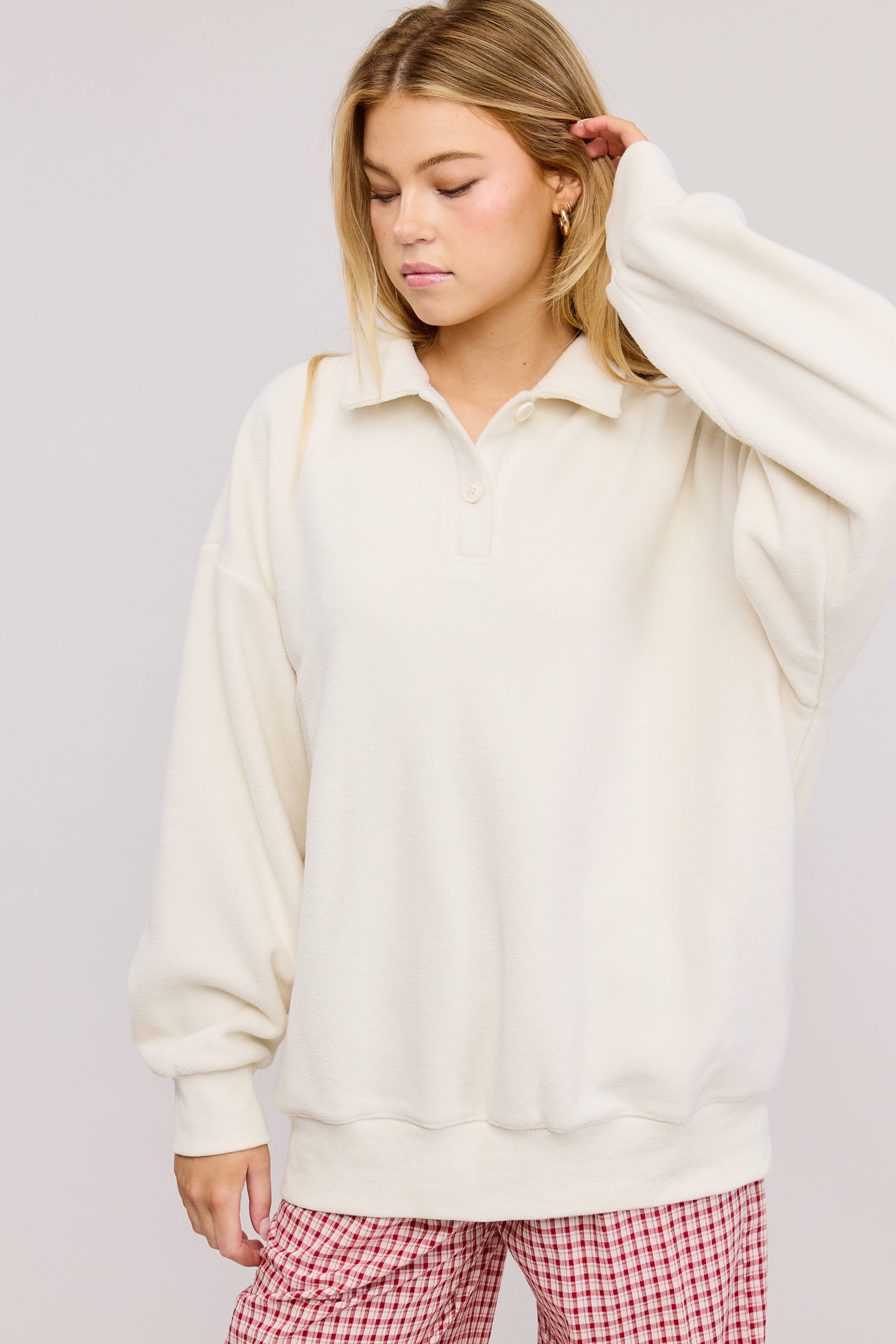 Ivoire Pull en maille à col boutonné en velours Teddy en vente sur Faire3