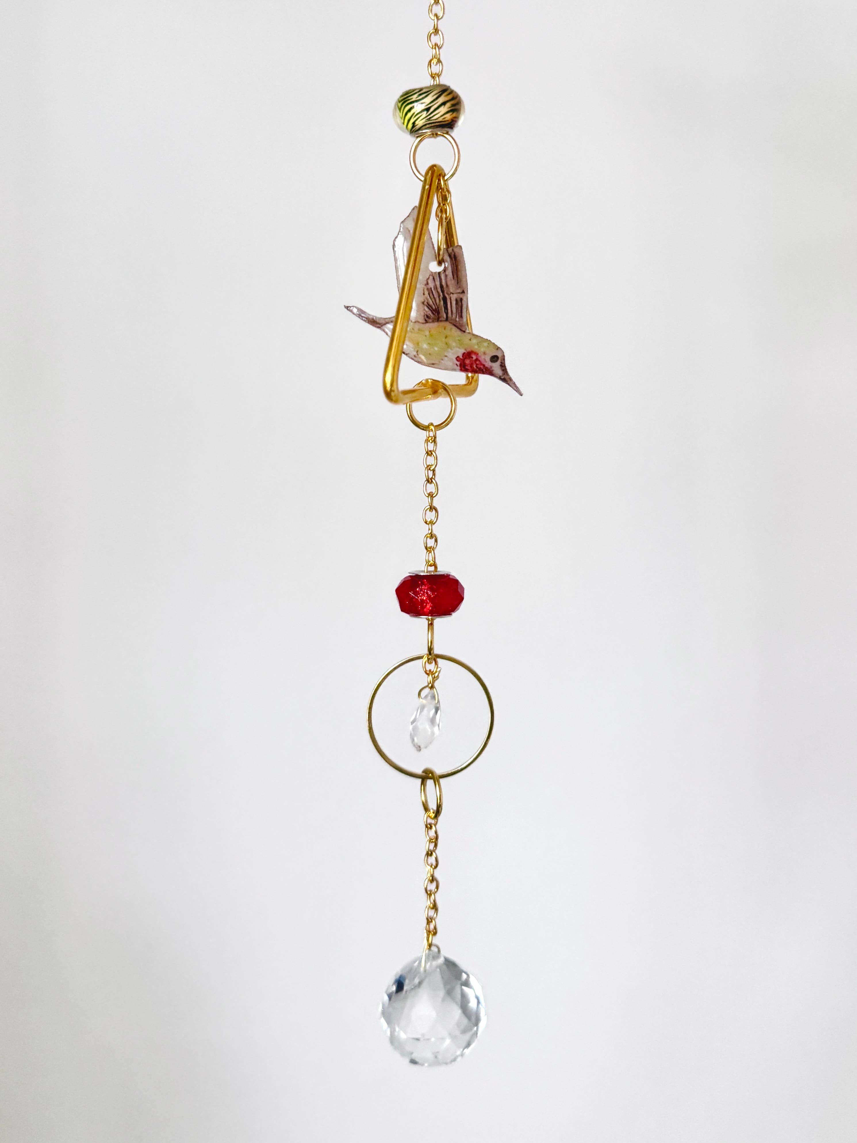 D. Prince Designs - Wholesale Suncatcher - Handmade + Hand-Illustrated Hummingbird Suncatcher with Green and Red Beads2