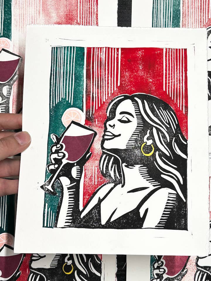 Summer Woman Drinking Sangria Linocut Art for wholesale by Jane Martin, Printmaker