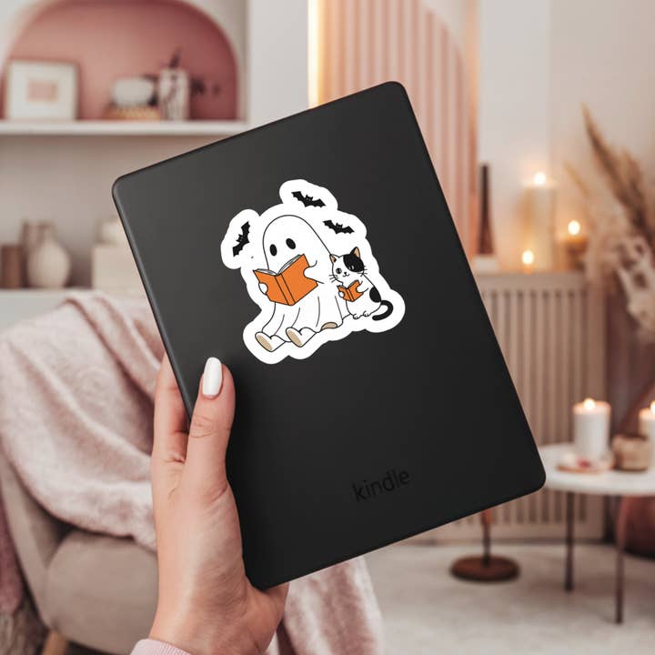 Purely Bookish - Wholesale Sticker - Cute Halloween Ghost Reading WIth Kitty Cat β 3" Waterproof Bookish Sticker with Holo Overlay β Reading, Books, Reader Gift, Book Lover1